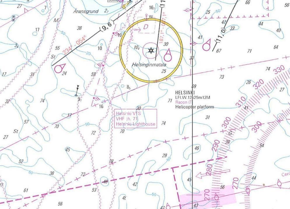 6. Merkintäpaikkasi on Helsingin merimajakan lounaispuolella. Ohjaat kompassisuuntaan 082 nopeuden ollessa 8 solmua. Kello 14.30 suunnit Helsingin merimajakan keulakulmassa 030 vasemmalla ja kello 15.