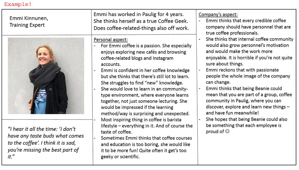 38 Figure 12: Example of a Profile Card Figure 13: Interview instruction (capture from an agenda) By interviewing employees of Paulig, the design team gathered information about the customers of the