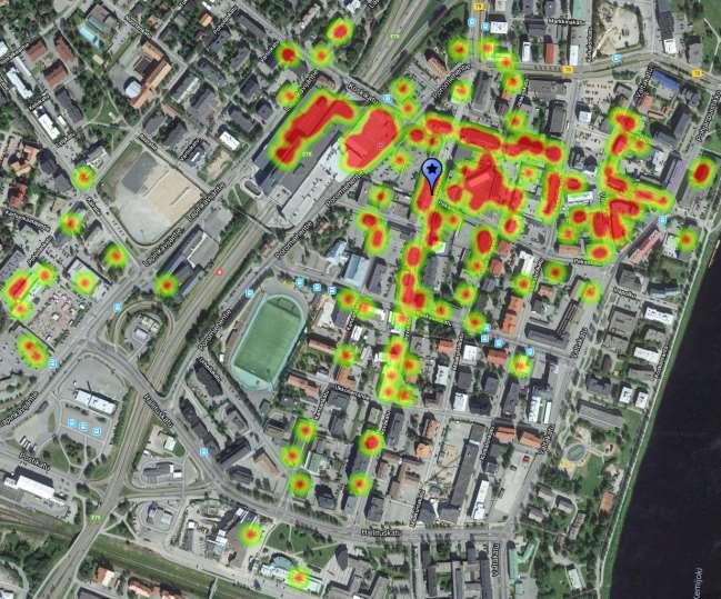 Voimakartta: Rovaniemen keskusta H1/2019 Voimakartta ilmaisee keskustan lauantaisin