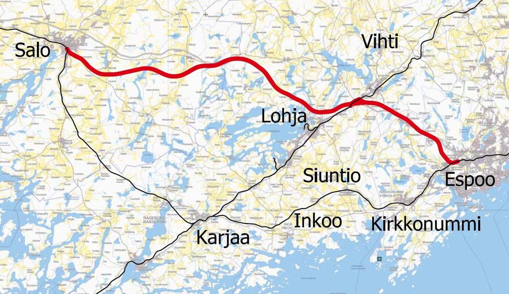 Espoo-Salo-oikorata, yleissuunnitelma Yleissuunnittelu Maakuntakaavan mukainen linjaus Tehdään mallintamalla Ratalinja noin 94 km Suunnitellaan