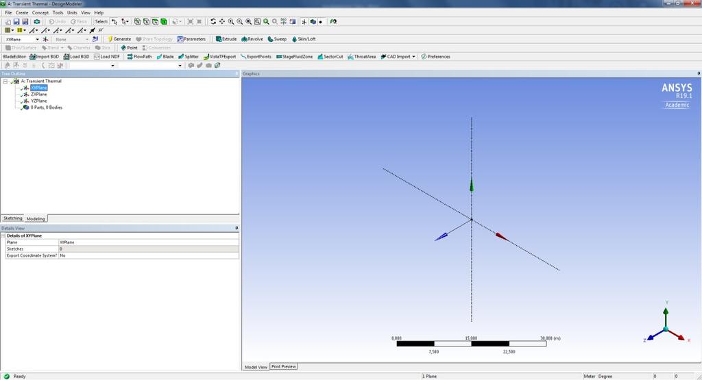 12 4.2 Mallin piirtäminen Mallin piirtäminen tapahtuu Designmodeler-sovelluksessa, joka avataan klikkaamalla geometry-otsikkoa hiiren oikealla painikkeella ja valitsemalla new Designmodeler geometry.