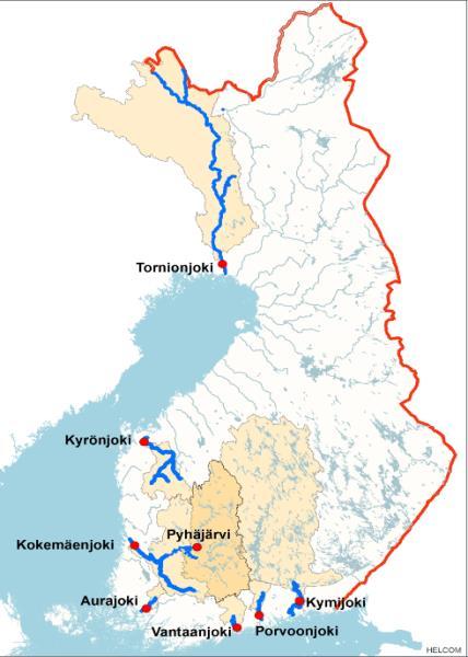 Suomessa 9 näytepaikkaa (elo/syys 2015, helmi/maalis 2016, loka 2017, kesäaika 2018) Tornionjoki (kaikki <mr)