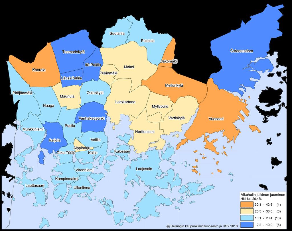 Stadin hytebarometri 14 Elävät, omaleimaiset ja turvalliset kaupunginosat Alkoholin juominen julkisella paikalla huolestu i joka viide ä helsinkiläistä vuonna 2018.