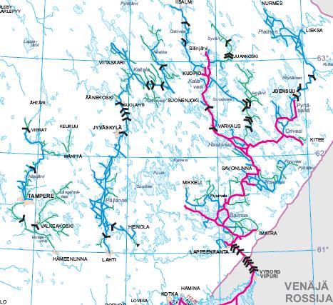 Sisävesiväyläinfra Suurten vesistöjen alueella väylästöä on seuraavasti: Vuoksen vesistö: 3863 km Kymijoen vesistö: 2702 km Kokemäenjoen vesistö: 1061 km Ainoastaan Vuoksen