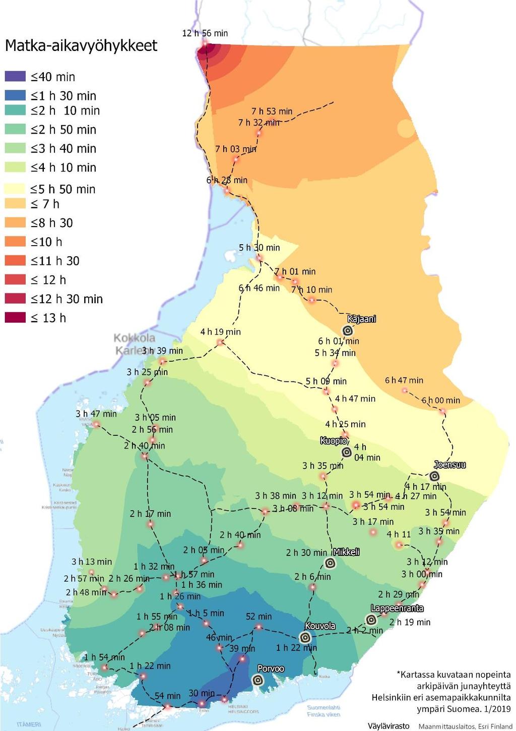 Nopeat itäradat yksi elinehto tulevalle kehitykselle Karttaan on kuvattu nopein arkipäivän aikaetäisyys minuutteina Helsinkiin eri asemapaikkakunnilta helmikuussa 2019.