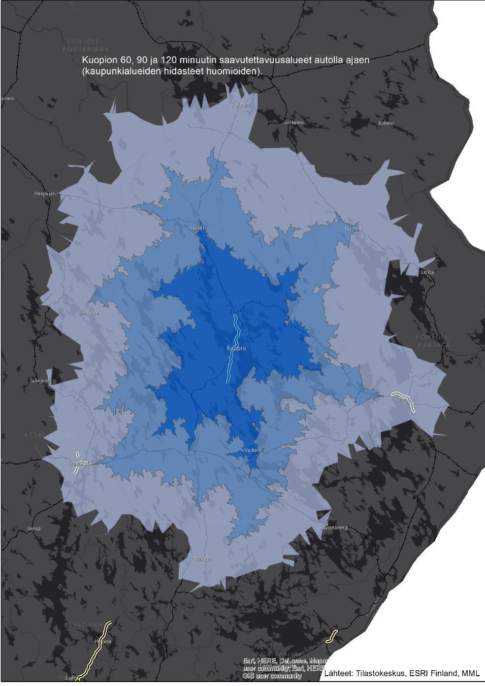 Kajaani Jyväskylä Iisalmi Kuopio Varkaus Savonlinna Joensuu Kuopion vaikutusalue ulottuu kuuden maakunnan alueelle Karttaan on kuvattu Kuopion saavutettavuus- tai vaikutus-alue 60, 90 ja 120 minuutin