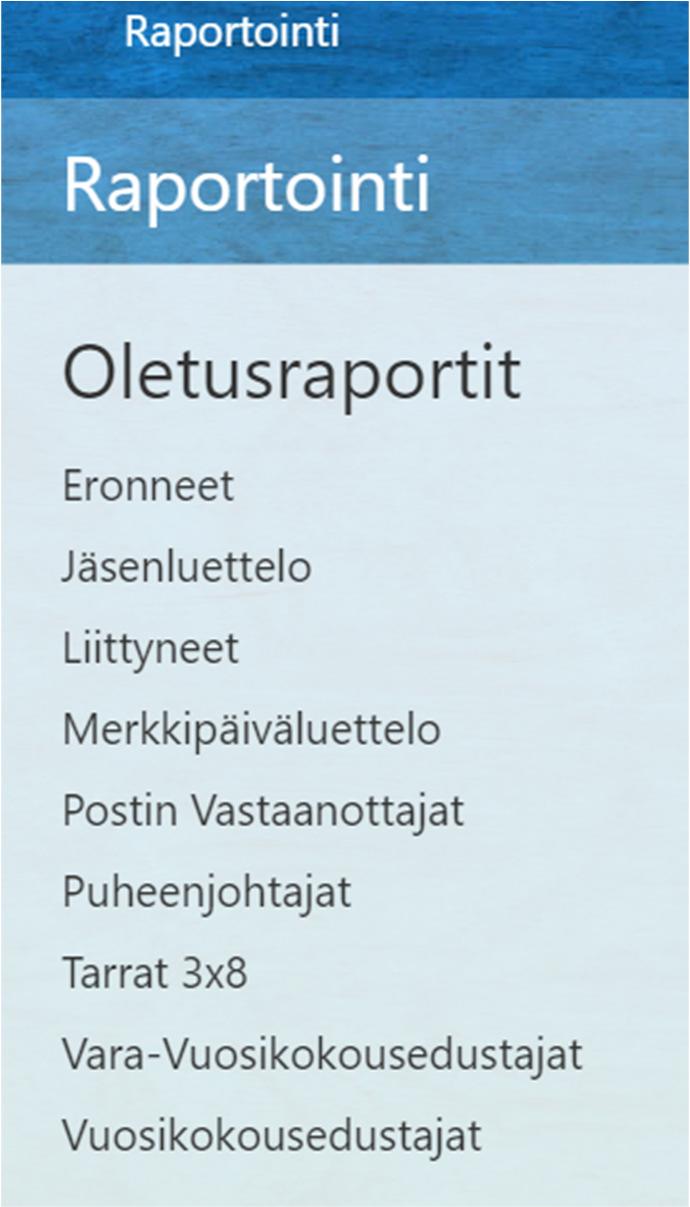 Sovelluksen oikeassa reunassa valikosta Raportointi avautuu raporttipohjavalikko, jossa on valmiina erilaisia pohjia