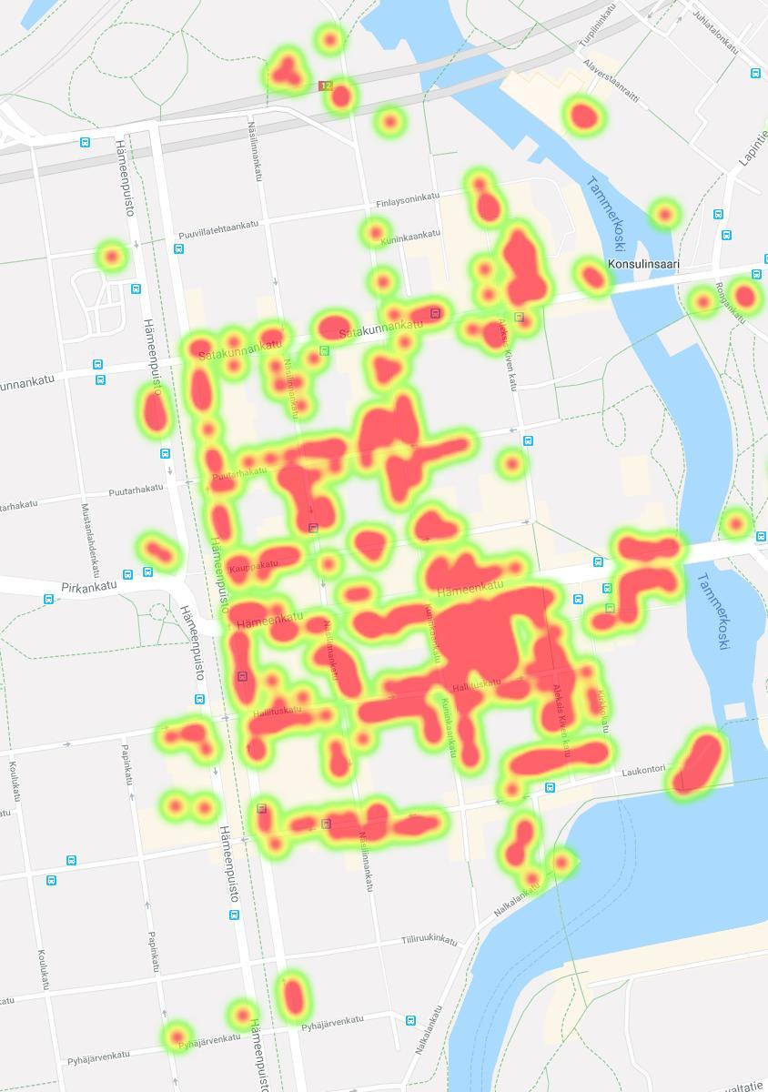 Voimakartta: Tampereen keskustan länsipuoli H1 / 2019 Voimakartta ilmaisee keskustan lauantaisin palvelevien kauppojen ja ravintoloiden (kuumat yritykset) sijainnin ja osoittaa epäjatkuvuuskohdat.