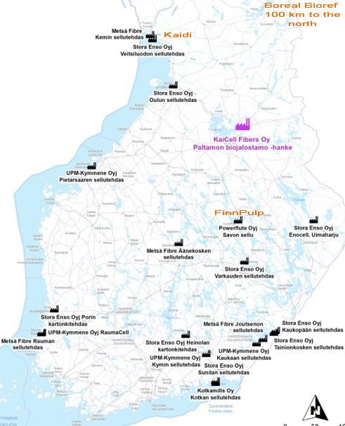 Suomessa useita uusia hankkeita työpöydällä KaiCell Fibers Biojalostamo 600 kt Paltamo 3,5 Mm 3 Boreal Bioref Biojalostamo 500 kt Kemijärvi + 2.8 Mm 3 FinnPulp Havusellu 1.