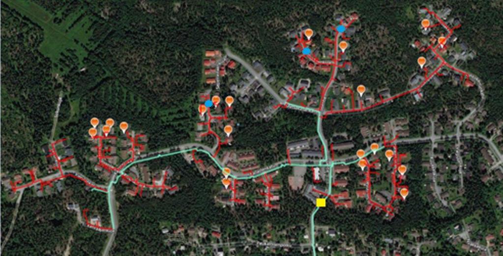 Lämpötila [ ] 75 Syöttöpisteen menolämpötila Paluulämpötila Kuluttajien menolämpötila 80 75 70 65 60 55 50 0 24 48 72 96 120 144 168 Aika [h] Kuva 38 Tikanmaan syöttöpisteen menolämpötila,