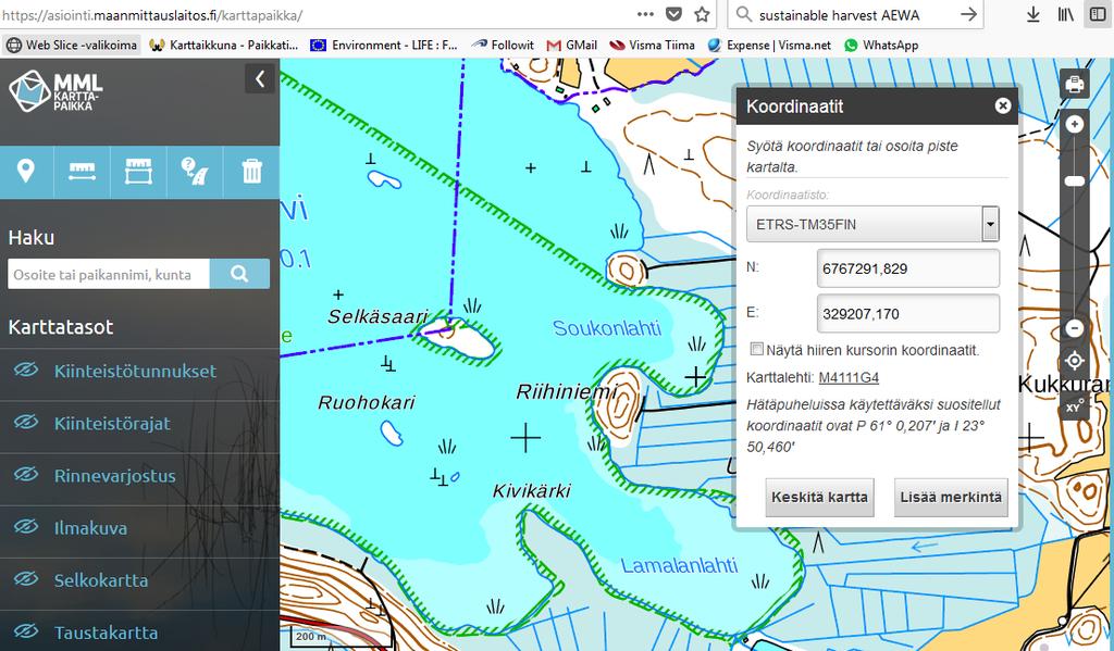 2. Selvitä karttaohjelmalla kohteen koordinaatit 1. Avaa karttaohjelma esim: https://asiointi.maanmittauslaitos.fi/ka rttapaikka/ 2.