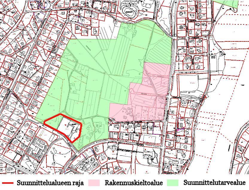 Kuva 7. Kaava-alueen ympäristön suunnittelutarve- ja rakennuskieltoalueet pohjakartalla.