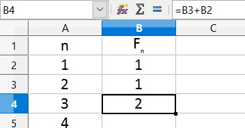 Kirjoitetaan ensimmäiseen sarakkeeseen kaksi ensimmäistä järjestysnumeroa, ja toiseen sarakkeeseen alkuarvot F 1 = F 2 = 1. Jatketaan jonon kehittelyä.
