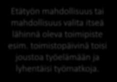 Etätyöpotentiaali Etätyön mahdollisuus tai mahdollisuus valita itseä lähinnä oleva toimipiste esim. toimistopäivinä toisi joustoa työelämään ja lyhentäisi työmatkoja.