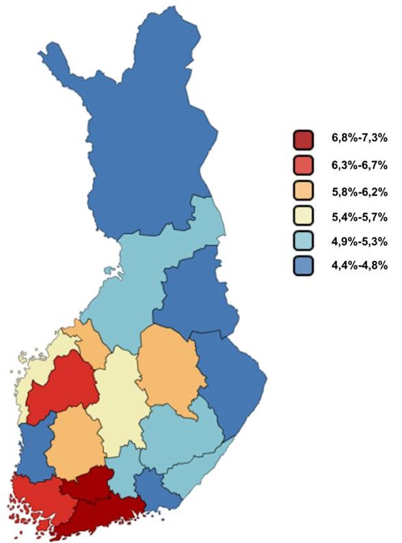 Kuvio 27. Ansiotulojen saaminen maakunnittain maaliskuussa 2018. Kuten johdannossa mainittiin, toimeentulotuen ja työssäkäynnin yhdistämiseen vaikuttaa tuensaajan asuinpaikka.