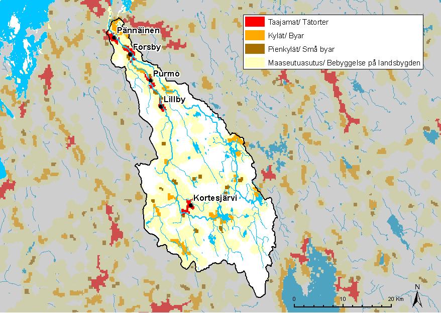 jokivarren taajamiin ja kyliin, joista suurimmat ovat Pännäinen, Kortesjärvi, Forsby, Purmo ja Lillby. Asutusta on myös järvien, etenkin Purmojärven ja Kerttuanjärven läheisyydessä.