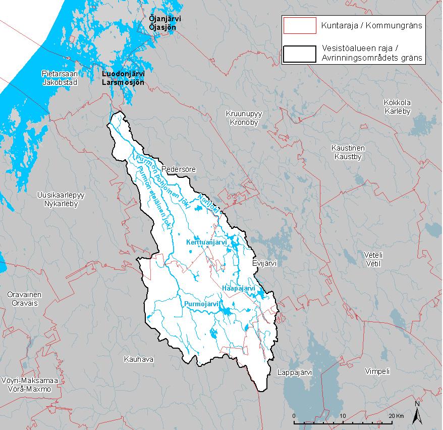 Kuva 3. Purmonjoen vesistöalue ja alueen kunnat.