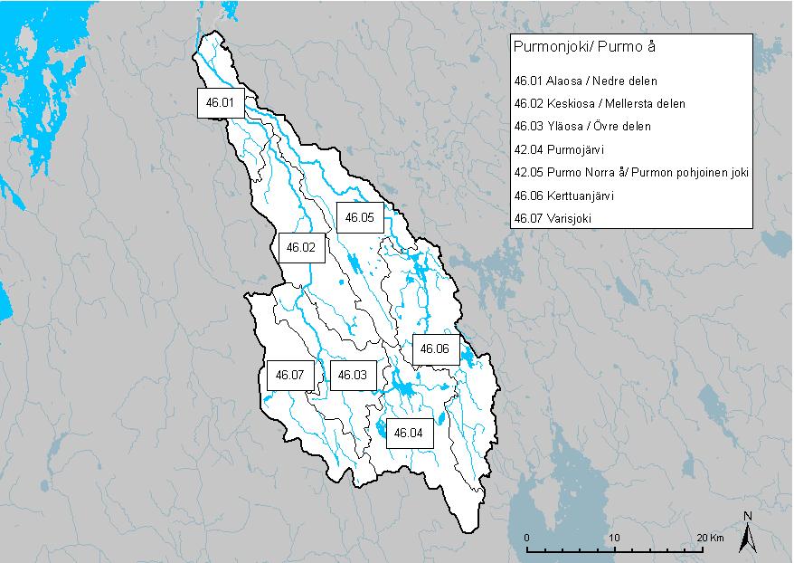 Kuva 4. Purmonjoen vesistöalueen 2. jakovaiheen valuma-alueet. ( SYKE, ELY-keskukset) Purmonjoen vesistöalue edustaa nuorta, viimeksi merestä noussutta maisemaa.