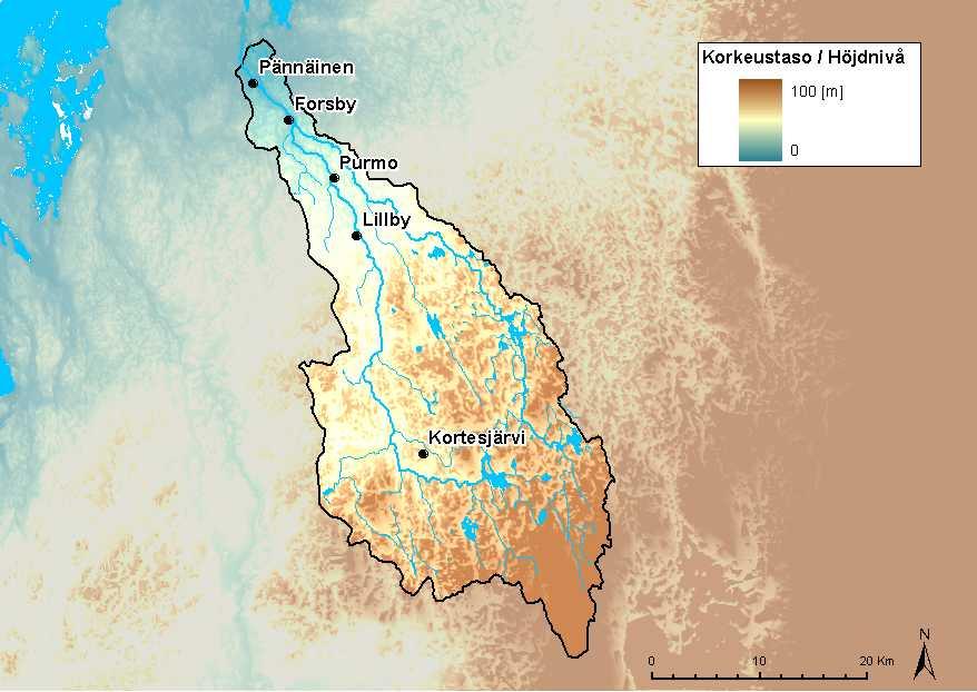 Kuva 5. Korkeussuhteet Purmonjoen vesistöalueella (KM25). ( SYKE, ELY-keskukset; topografia Maanmittauslaitos lupa nro 7/MML/09) 2.