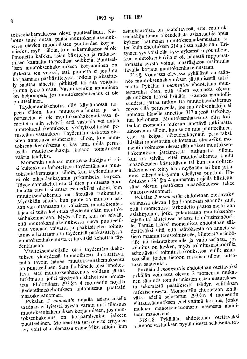 8 1993 vp - HE 189 toksenhakemuksessa oleva puutteellisuus.