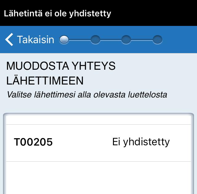 7. Älylähettimen sarjanumeron kohdalla MUODOSTA YHTEYS LÄHETTIMEEN näytössä näkyy Ei yhdistetty. Aloita laiteparinmuodotusprosessi napauttamalla Ei yhdistetty tekstiä. 9.