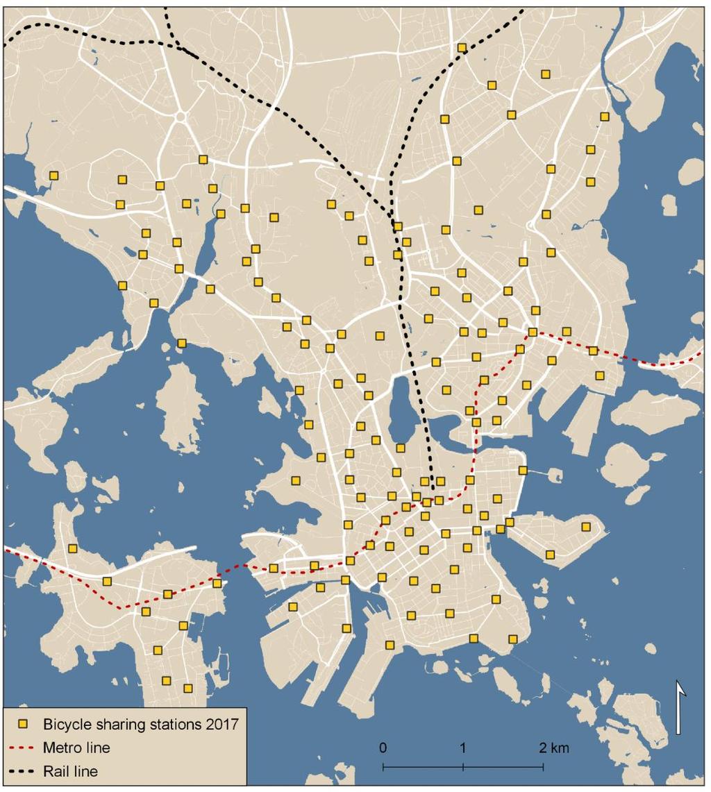 Figure 3. Bike sharing station network in Helsinki in 2017.