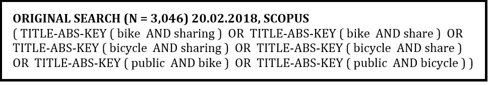 Fishman (2013): bike sharing, bike share, bicycle sharing, bicycle share, public bicycle and public bike (Figure 8). The number of resulting documents with the search was 3046. Figure 8.