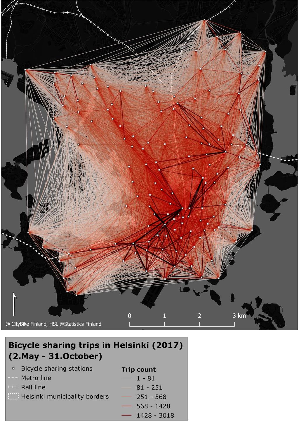 Figure 20. Bike-sharing trips in Helsinki (2017).