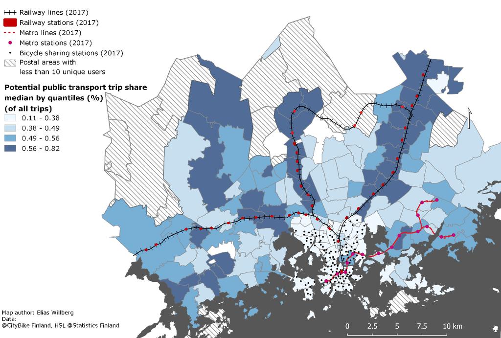 Figure 31. Bike-sharing users potential public transport trip share by postal area.