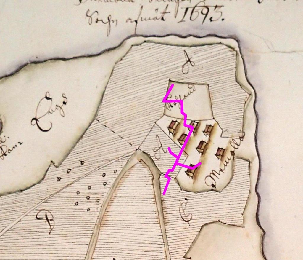 8 Ote kartasta vuodelta 1693 (H90:3/1). Maakaapelilinja on merkitty siihen päälle sinipunaisella. Kartan asemointi on melko karkea ja linjan paikka jossain määrin viitteellinen.