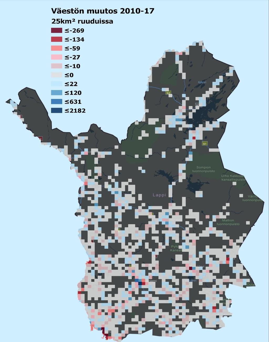 Väestönkehitys 2010-2017 Kartassa on kuvattu paikkatiedon avulla 5 km x 5 km ruuduissa Lapin väestönkehitystä vuosina 2010-2017.