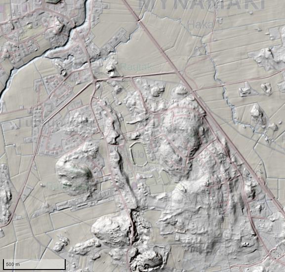 Kartta 6. Lidar-aineiston perusteella näkyvä 3d-mallinnos suunnittelualueesta. Pohjakartta: Maanmittauslaitos 10/2018.