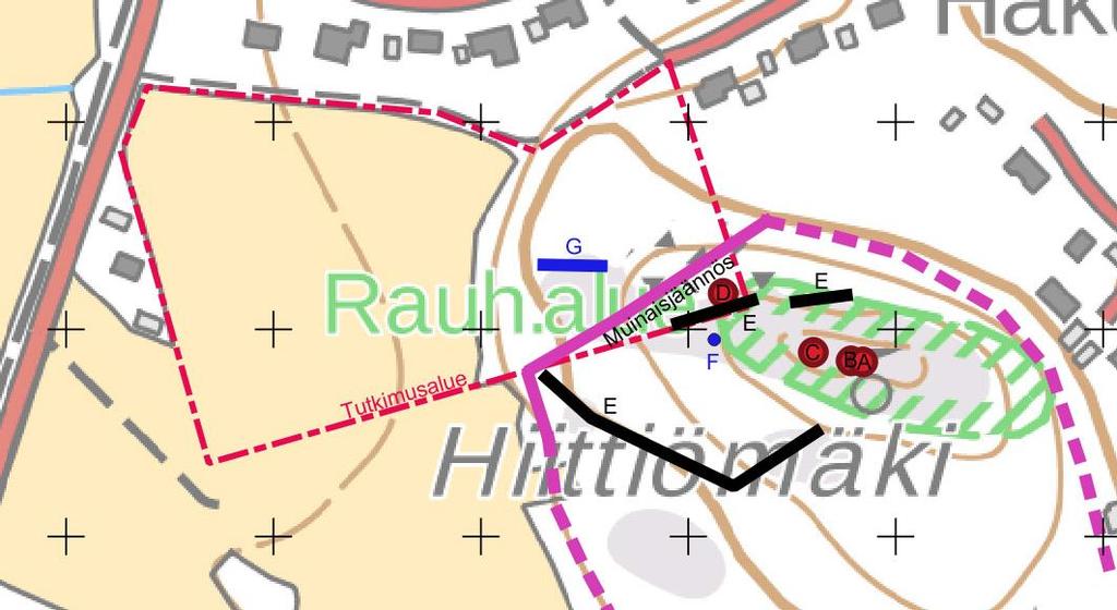 Kartta 8. Tutkimusalue ja muinaisjäännösalueen raja. MK 1 : 3000. Karttaan on merkitty violetilla viivalla tutkimuksen perusteella selvitetty muinaisjäännösalueen raja.