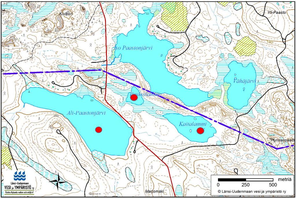 Järvessä ei ole todettu happiongelmia. Ali-Paastonjärvestä on ennestään olemassa vedenlaatutietoja vuosilta 1985, 1998 ja 2012. Kuva 1. Näytteenottopaikka on merkitty karttaan punaisella pallolla.