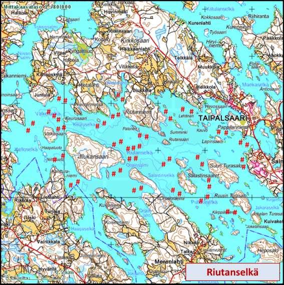 3.2. Riutanselkä 3.2.1. Koekalastuksien pyyntipaikat ja ajankohta Riutanselän koeverkkokalastuksen pyyntipaikat ovat esitetty kuvassa 12. Kuva 12.