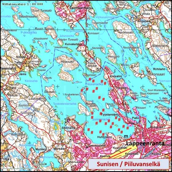 3. TULOKSET JA TULOSTEN TARKASTELU 3.1. Sunisen- ja Piiluvanselkä 3.1.1. Koekalastuksien pyyntipaikat ja ajankohta Sunisen- ja Piiluvanselän koeverkkokalastuksen pyyntipaikat ovat esitetty kuvassa 3.
