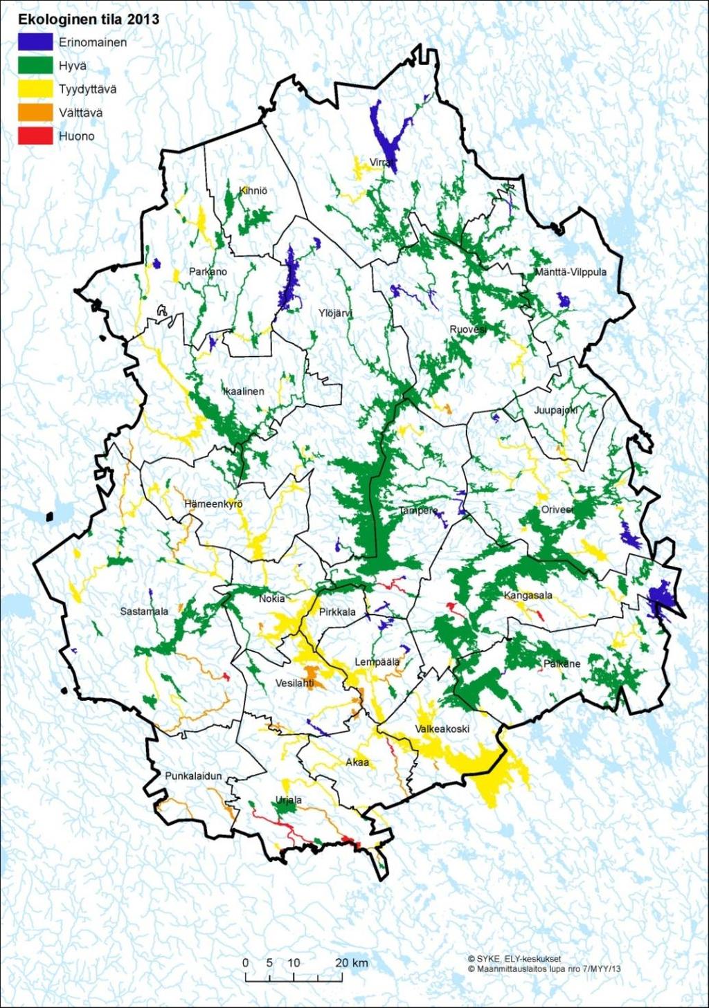 Pirkanmaa osa Kokemäenjoen- Saaristomeren-Selkämeren vesienhoitoaluetta, muut EPO- ELY, VAR-ELY, HAM-ELY ja KES-ELY Pintavesistä mukana kaikki yli 50 ha