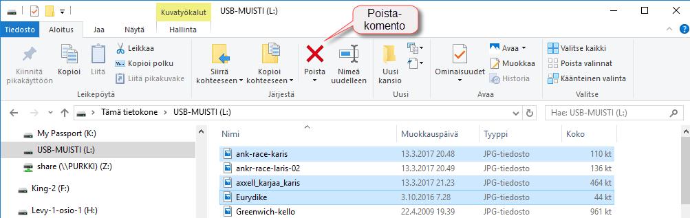Tiedostojen poistaminen tikulta Huomaa, että tiedostot poistuvat muistitikulta heti lopullisesti, eivätkä mene tietokoneen