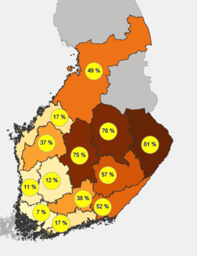 2017 2018 Kuva 18. Alueittain vuosien 2017 ja 2018 osuus kauranäytteistä, joissa DON-pitoisuus ylitti 1 750 µg/kg rajaarvon.