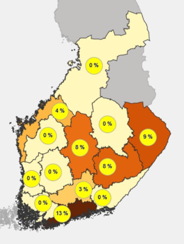 Regional andel havreprover åren 2018 och 2017 där gränsvärdet 1 750 µg/kg för DON överskreds. År 2018 hade endast 2 procent av havreproverna en DON-halt som överskred 1 750 µg/kg.