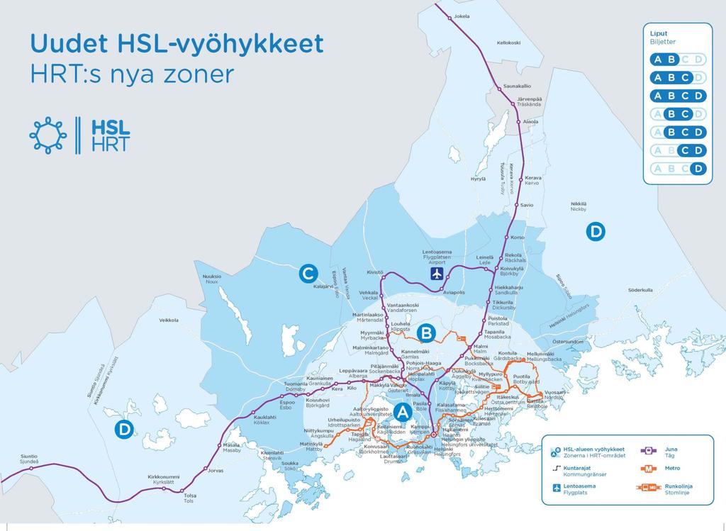 Uudessa mallissa Helsingin seutu on jaettu neljään vyöhykkeeseen, jotka piirtyvät noin 10 kilometrin levyisiksi kaariksi