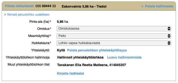 Muut yhteiskäyttölohkon tilat Kun lohko on merkitty yhteiskäyttöiseksi, käyttäjä näkee peruslohkon tiedoista yhteiskäyttöön