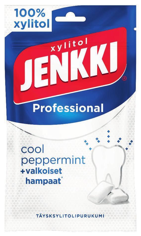 3 PURKKAMAAILMAN HELMI P urkkatyynyyn lisätyt värjäytymien syntymistä ehkäisevät aineet antavat Jenkki Professional Cool peppermint -täysksylitolipurukumille uuden ulottuvuuden.