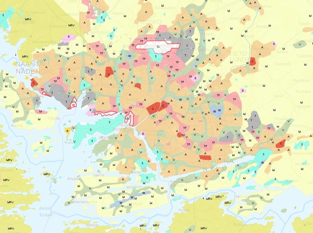 Maakuntakaava: Varsinais-Suomen maakuntakaavayhdistelmä; Aluevarauksen, alueet Lähde: Ympäristöhallinnon Liiteri-palvelu Maakuntakaavasta näkyy selvästi, että työpaikka-alueiden painopiste on Turun