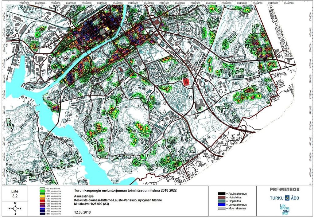 Meluselvityksessä on myös asukastiheyskartta, joka osoittaa, että melun lisääntyminen koskee merkittävää asukasmäärää.