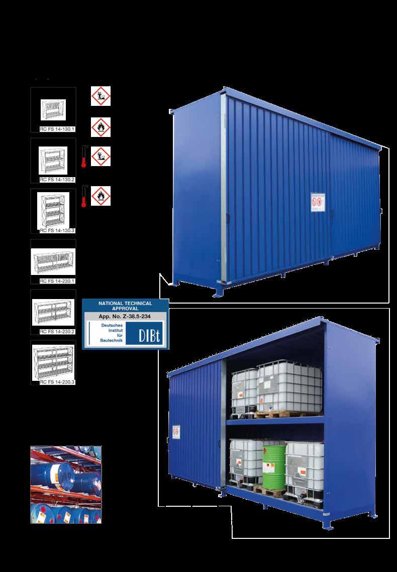 Hyllykontit tynnyreille ja IBC-konteille PLUS Sisäänpääsy yhdeltä puolelta, vettä saastuttavien ja helposti syttyvien nesteiden varastointiin.