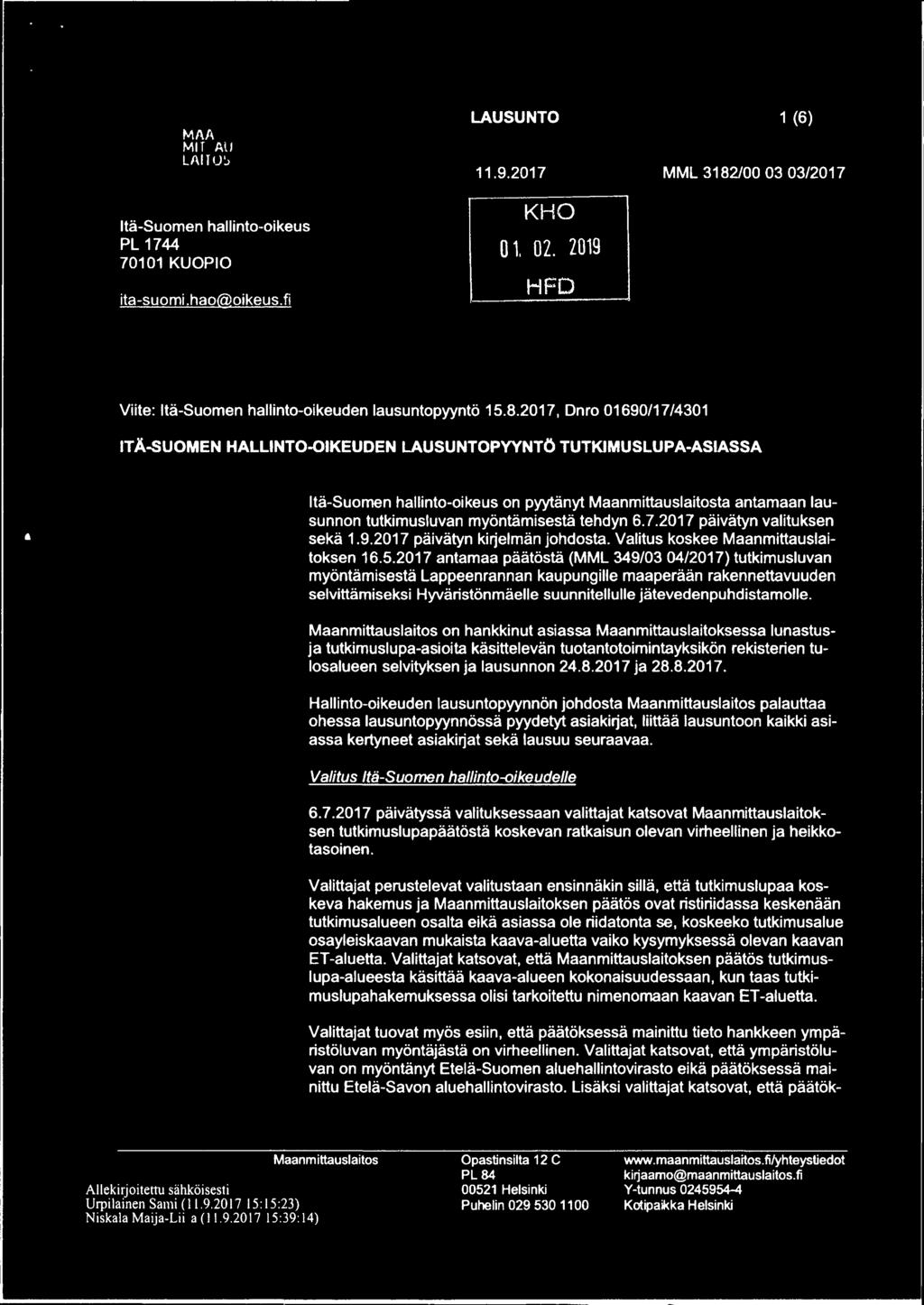 9.2017 päivätyn kirjelmän johdosta. Valitus koskee Maanmittauslaitoksen 16.5.