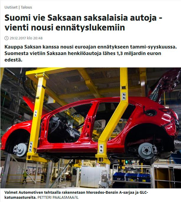 Saksalaisten autojen kokoonpano Suomessa on selvässä kasvussa. Lähde: Iltalehti 29.12.