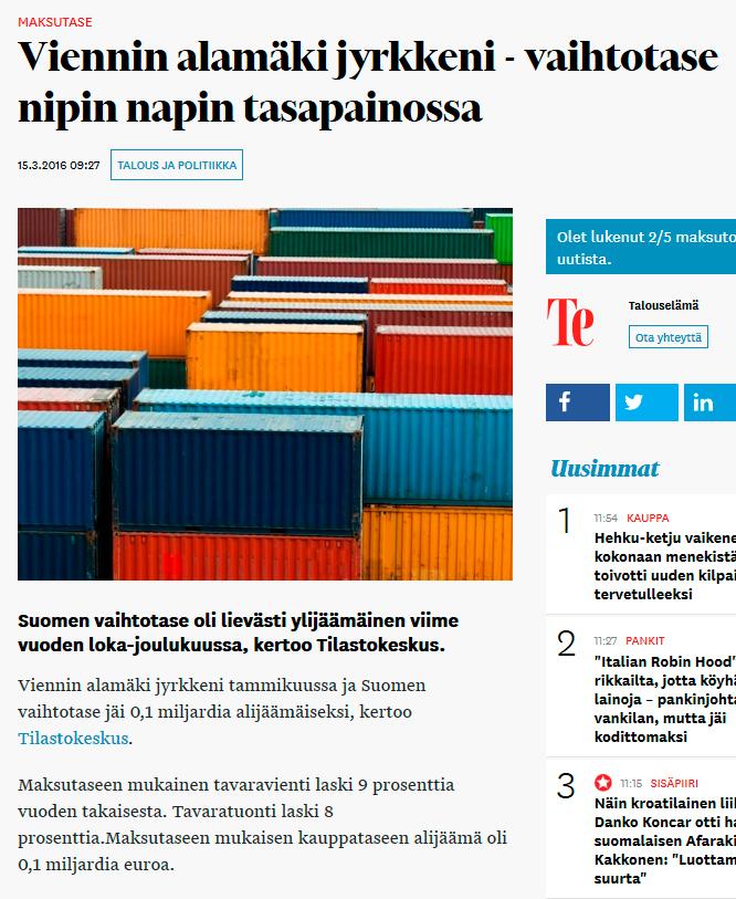 Viennin vähentyminen painoi Suomen vaihtotaseen alijäämäiseksi Lähde: Talouselämä 15.3.2016 Maksutasetilasto ja ulkomainen varallisuusasema ovat osa kansantalouden tilinpidon laskentakehikkoa.