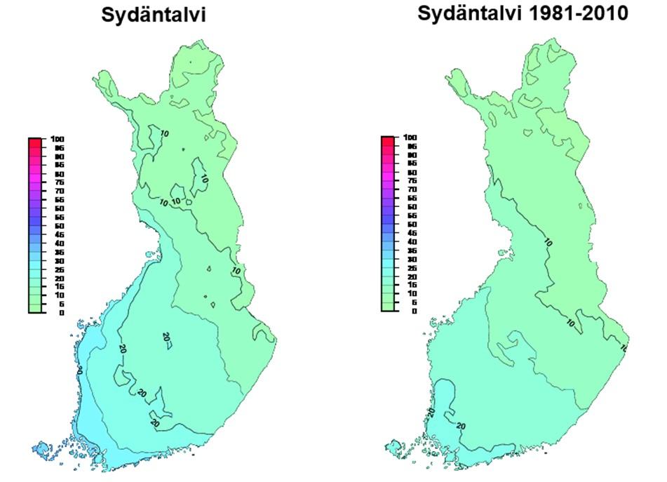 keskiarvoon (oikea kartta) Jäätymispisteen alitukset: talvi